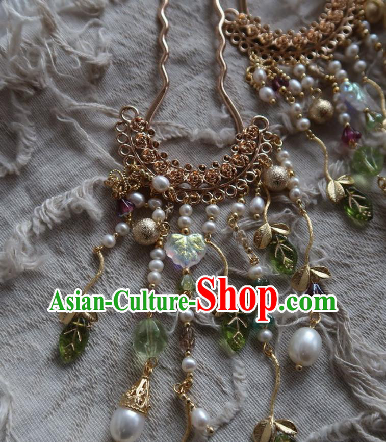 China Handmade Hanfu Pearls Tassel Hairpin Traditional Ancient Tang Dynasty Princess Golden Hair Stick