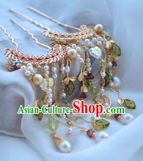 China Handmade Hanfu Pearls Tassel Hairpin Traditional Ancient Tang Dynasty Princess Golden Hair Stick