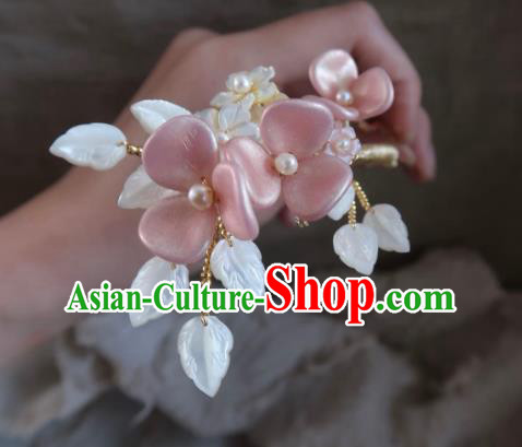 China Handmade Hanfu Shell Leaf Hairpin Traditional Ancient Ming Dynasty Princess Pink Plum Tassel Hair Stick