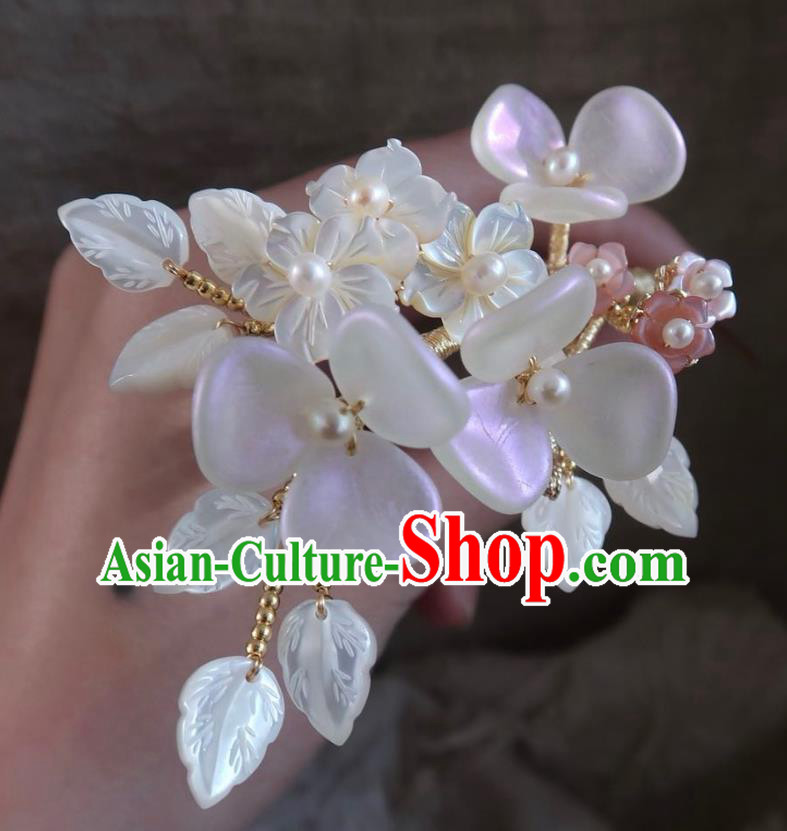 China Traditional Ancient Ming Dynasty Princess White Plum Tassel Hair Stick Handmade Hanfu Shell Leaf Hairpin