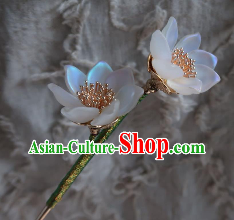 China Handmade Hanfu White Lotus Hairpin Traditional Ancient Princess Hair Stick Headwear