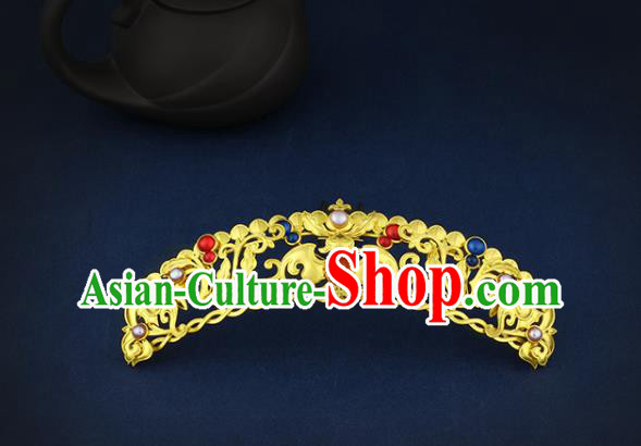 China Handmade Ming Dynasty Empress Golden Hairpin Traditional Ancient Queen Gems Hair Crown