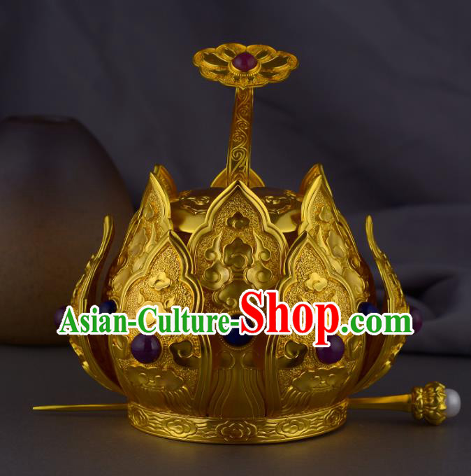 China Ancient Taoist Gems Headwear Handmade Traditional Ming Dynasty Priest Golden Lotus Hair Crown