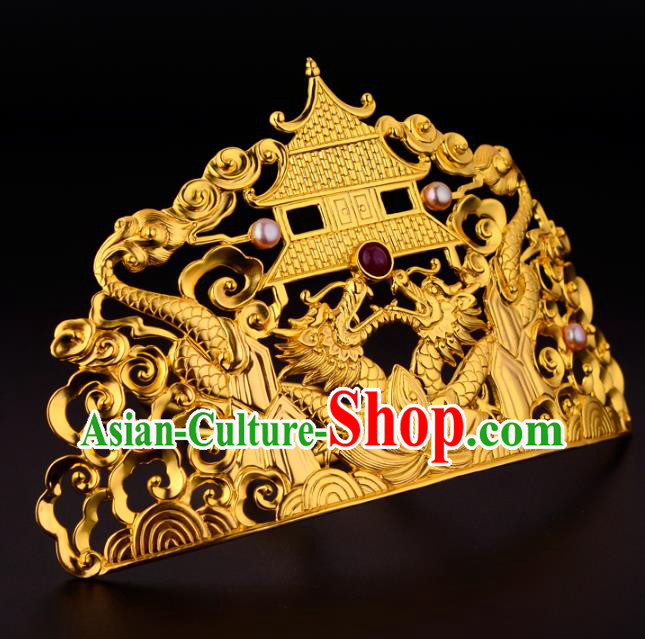 China Ancient Empress Golden Dragon Hairpin Handmade Traditional Ming Dynasty Court Gems Hair Crown