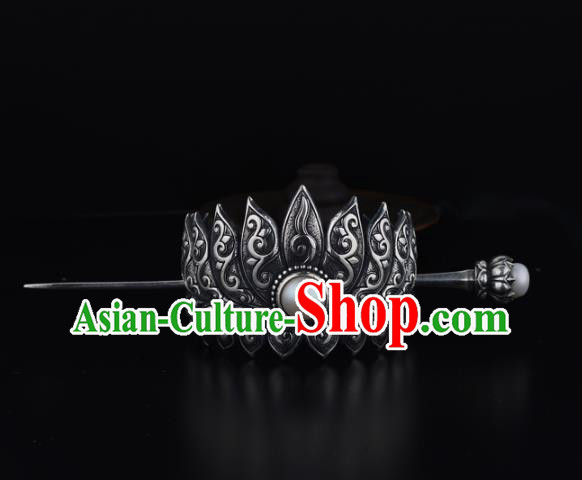China Ancient Swordsman Pearl Hairpin Handmade Traditional Ming Dynasty Prince Argent Lotus Hair Crown