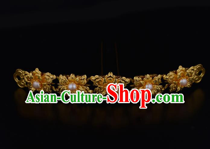 China Ancient Imperial Empress Golden Peony Hairpin Handmade Traditional Ming Dynasty Pearls Hair Stick