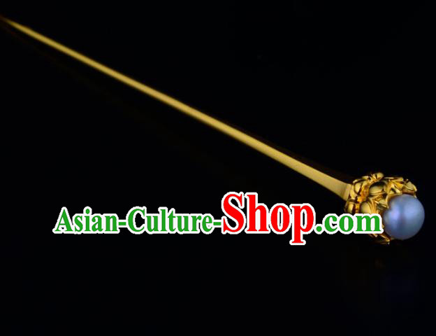 China Ancient Queen Pearl Hairpin Handmade Traditional Tang Dynasty Empress Golden Lotus Hair Stick