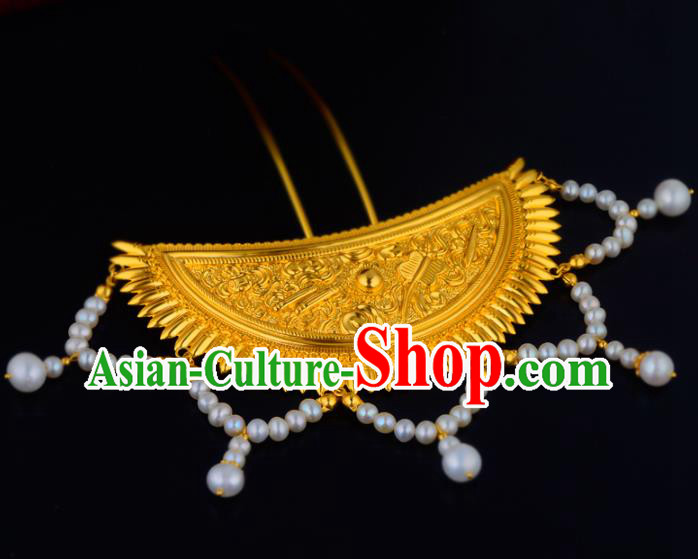 China Ancient Royal Empress Pearls Tassel Hairpin Handmade Traditional Ming Dynasty Noble Woman Hair Stick