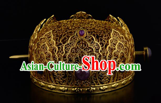 China Ancient Queen Golden Hairpin Handmade Traditional Ming Dynasty Empress Gems Hair Crown