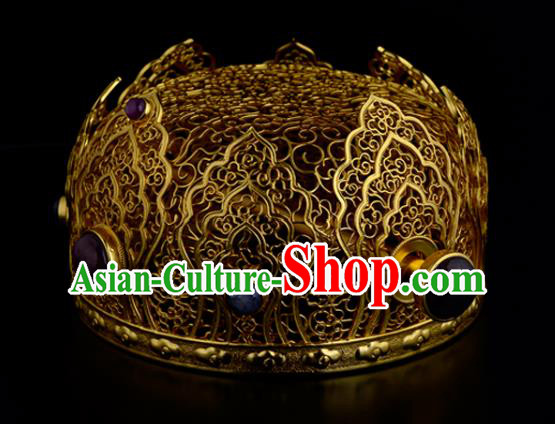 China Ancient Queen Golden Hairpin Handmade Traditional Ming Dynasty Empress Gems Hair Crown