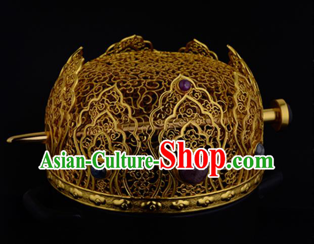 China Ancient Queen Golden Hairpin Handmade Traditional Ming Dynasty Empress Gems Hair Crown