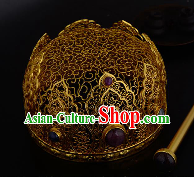 China Ancient Queen Golden Hairpin Handmade Traditional Ming Dynasty Empress Gems Hair Crown