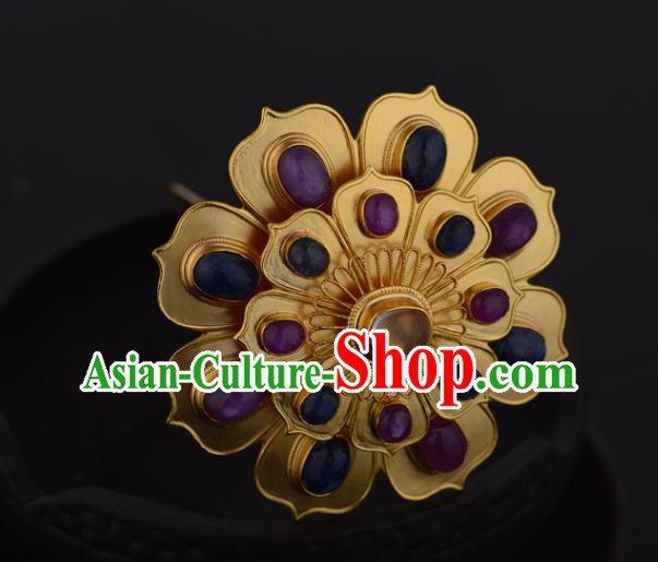 China Ancient Court Queen Golden Lotus Hairpin Handmade Traditional Ming Dynasty Gems Hair Crown