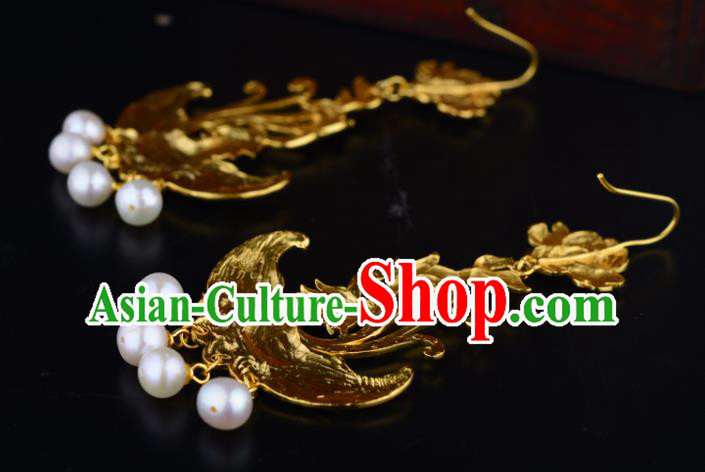 Chinese Traditional Tang Dynasty Pearls Tassel Earrings Ancient Queen Golden Phoenix Ear Accessories