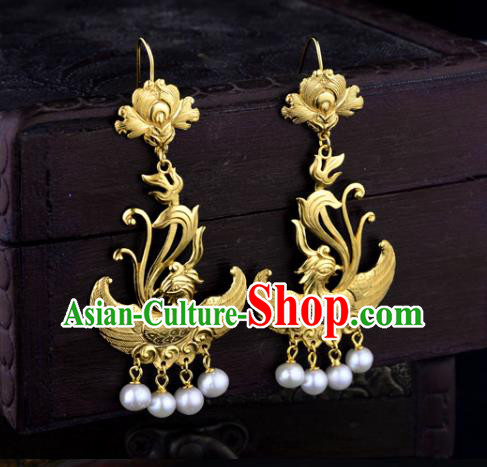 Chinese Traditional Tang Dynasty Pearls Tassel Earrings Ancient Queen Golden Phoenix Ear Accessories