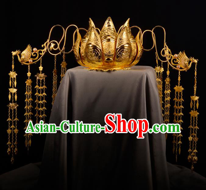 China Ancient Empress Phoenix Coronet Handmade Traditional Tang Dynasty Queen Golden Lotus Hair Crown