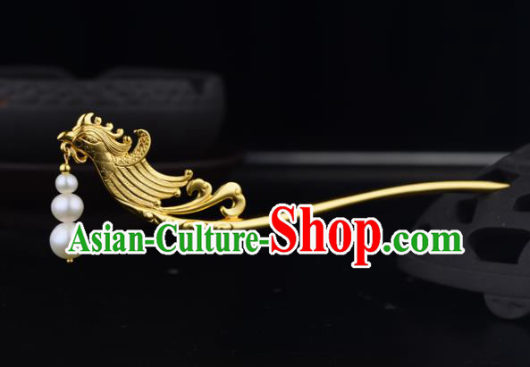 China Ancient Court Empress Golden Phoenix Hairpin Handmade Traditional Ming Dynasty Pearls Tassel Hair Stick