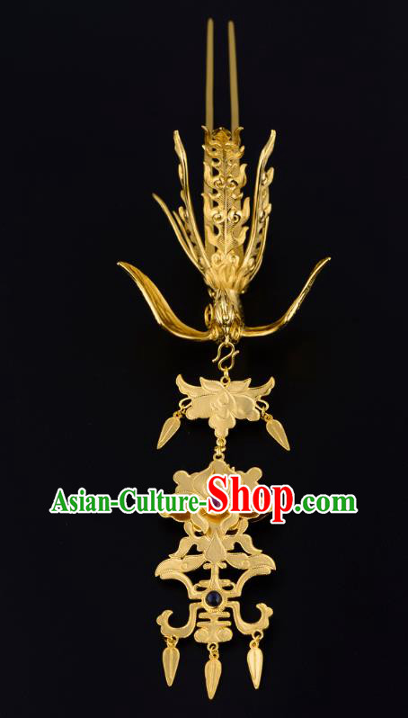 China Ancient Court Gems Hairpin Handmade Traditional Ming Dynasty Empress Golden Phoenix Hair Clip