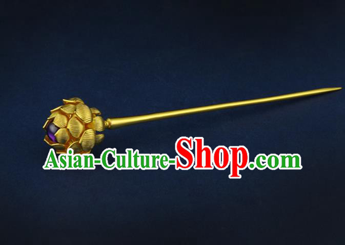 China Traditional Ancient Queen Golden Lotus Hair Stick Handmade Ming Dynasty Empress Amethyst Hairpin