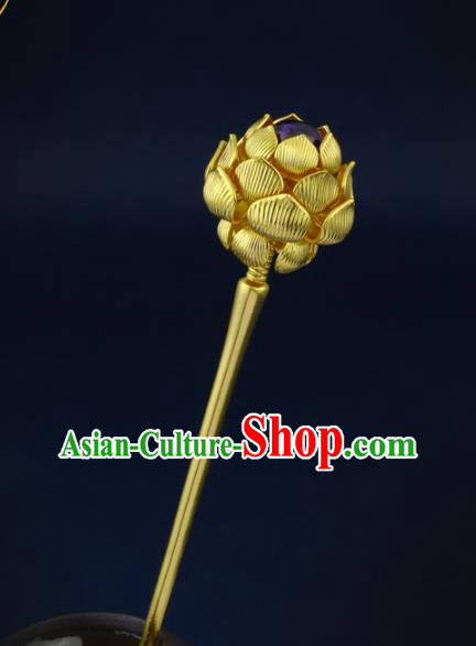 China Traditional Ancient Queen Golden Lotus Hair Stick Handmade Ming Dynasty Empress Amethyst Hairpin