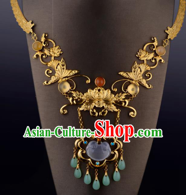 Chinese Ancient Empress Necklace Traditional Ming Dynasty Golden Lotus Necklet Jewelry