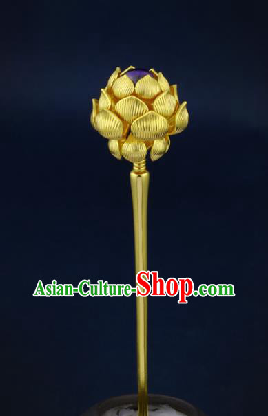 China Traditional Ancient Queen Golden Lotus Hair Stick Handmade Ming Dynasty Empress Amethyst Hairpin