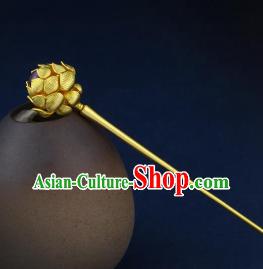 China Traditional Ancient Queen Golden Lotus Hair Stick Handmade Ming Dynasty Empress Amethyst Hairpin
