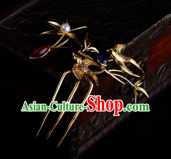 China Ancient Queen Golden Bamboo Hairpin Handmade Traditional Ming Dynasty Empress Gems Hair Comb