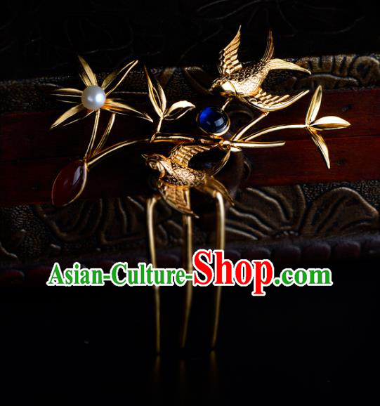 China Ancient Queen Golden Bamboo Hairpin Handmade Traditional Ming Dynasty Empress Gems Hair Comb