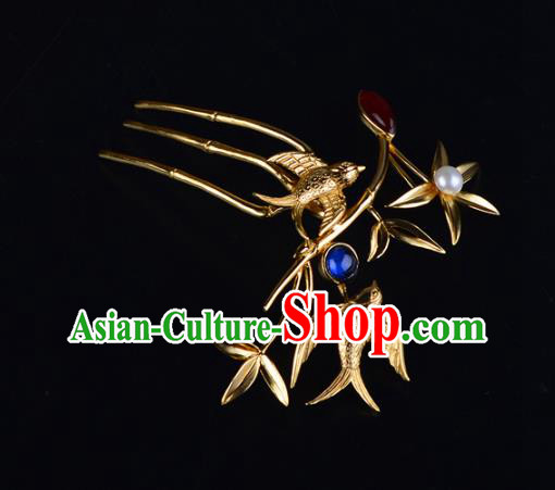China Ancient Queen Golden Bamboo Hairpin Handmade Traditional Ming Dynasty Empress Gems Hair Comb