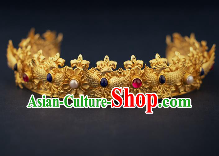 China Ancient Queen Golden Phoenix Coronet Handmade Traditional Ming Dynasty Empress Gems Hair Crown