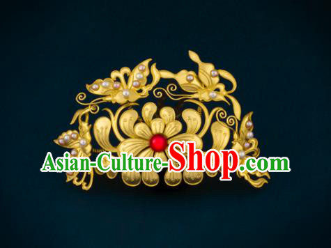 China Ancient Empress Pearls Butterfly Hairpin Handmade Traditional Ming Dynasty Golden Chrysanthemum Hair Stick