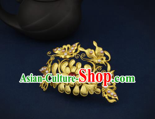 China Ancient Empress Pearls Butterfly Hairpin Handmade Traditional Ming Dynasty Golden Chrysanthemum Hair Stick