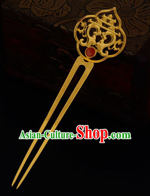 China Ancient Empress Ruby Hairpin Handmade Traditional Tang Dynasty Queen Golden Hair Stick