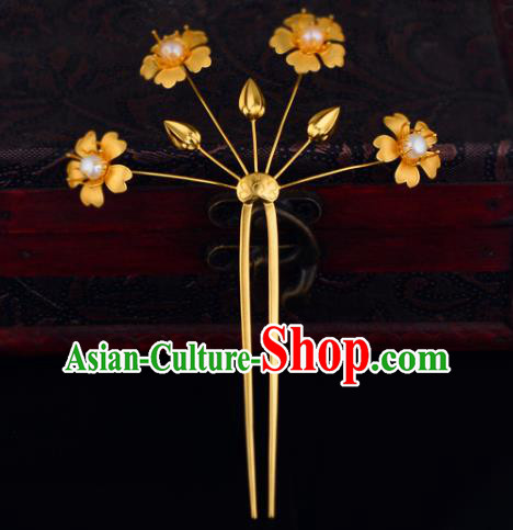 China Ancient Princess Golden Plum Hairpin Handmade Traditional Ming Dynasty Palace Lady Pearls Hair Stick