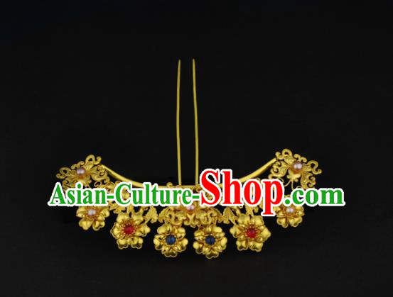 China Ancient Princess Golden Flowers Hairpin Handmade Traditional Ming Dynasty Pearls Gems Hair Stick