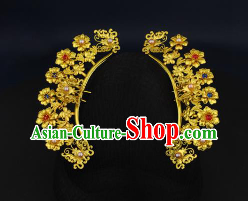 China Ancient Princess Golden Flowers Hairpin Handmade Traditional Ming Dynasty Pearls Gems Hair Stick