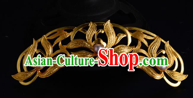 China Ancient Palace Lady Pearls Hairpin Handmade Traditional Ming Dynasty Princess Golden Orchids Hair Crown