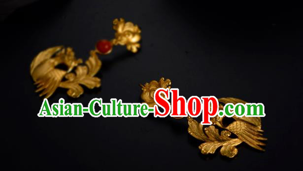 Chinese Traditional Ming Dynasty Agate Earrings Ancient Court Lady Golden Phoenix Ear Accessories