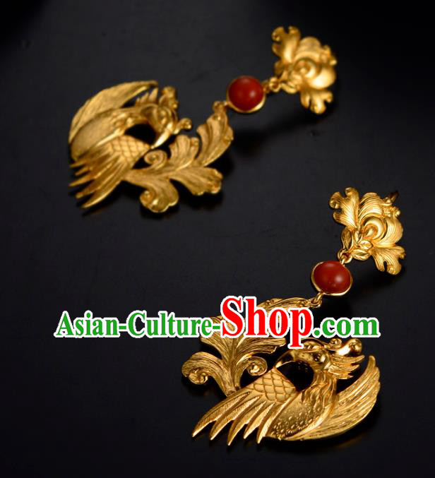 Chinese Traditional Ming Dynasty Agate Earrings Ancient Court Lady Golden Phoenix Ear Accessories