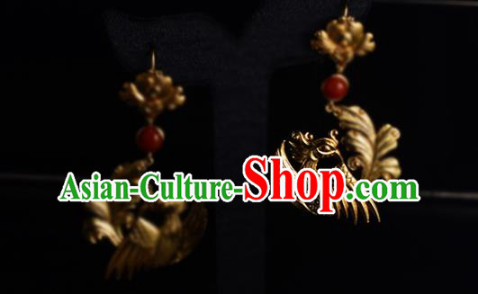 Chinese Traditional Ming Dynasty Agate Earrings Ancient Court Lady Golden Phoenix Ear Accessories
