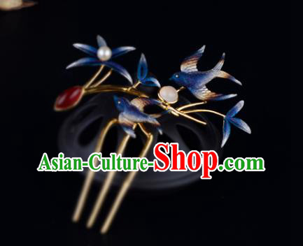 China Ancient Palace Lady Hairpin Handmade Traditional Ming Dynasty Princess Blue Swallow Hair Comb