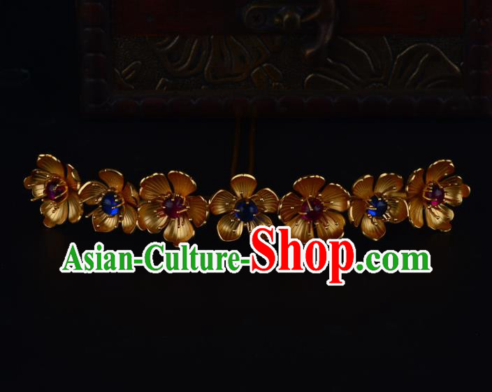 China Ancient Imperial Consort Gems Hairpin Handmade Traditional Jin Dynasty Golden Plum Hair Crown
