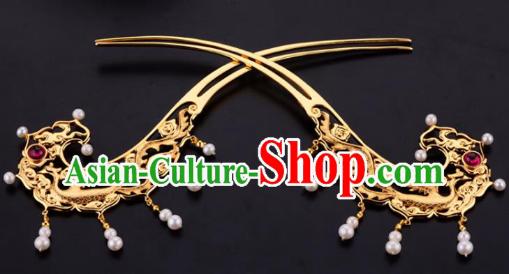 China Ancient Queen Golden Phoenix Hairpin Handmade Traditional Ming Dynasty Pearls Hair Stick