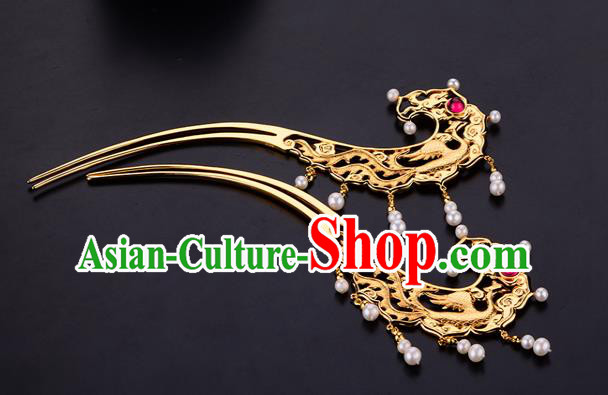 China Ancient Queen Golden Phoenix Hairpin Handmade Traditional Ming Dynasty Pearls Hair Stick