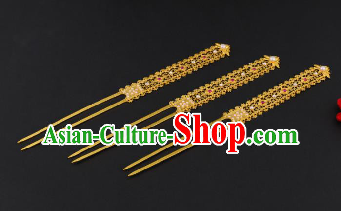 China Ancient Imperial Consort Golden Hairpin Handmade Traditional Tang Dynasty Court Hair Stick