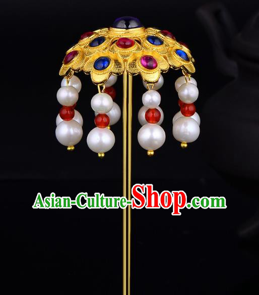 China Ancient Queen Pearls Tassel Hairpin Handmade Traditional Ming Dynasty Golden Peony Gems Hair Stick