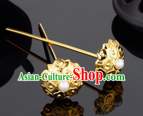 China Ancient Palace Woman Pearls Hairpin Handmade Traditional Ming Dynasty Empress Golden Hair Stick