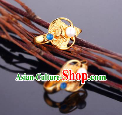 Chinese Traditional Ming Dynasty Queen Golden Bat Earrings Ancient Empress Pearl Ear Accessories