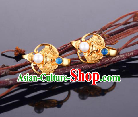Chinese Traditional Ming Dynasty Queen Golden Bat Earrings Ancient Empress Pearl Ear Accessories